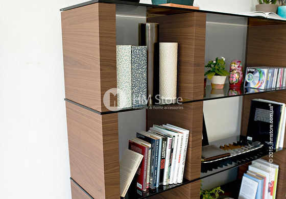 Книжный шкаф Calligaris Lib, Double-sided tall bookcase, Veneer walnut and Glass transparent