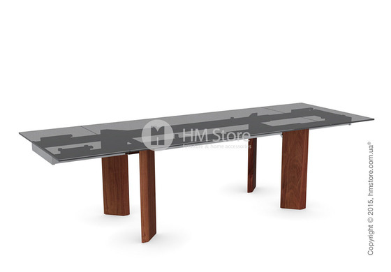 Стол Calligaris Tower Wood, Glass and wood extending table, Frosted tempered glass smoked grey, Metal chromed and Veneer walnut