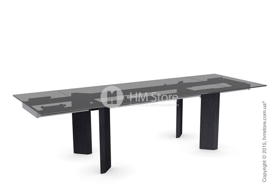 Стол Calligaris Tower Wood, Glass and wood extending table, Frosted tempered glass smoked grey, Metal chromed and Veneer graphite