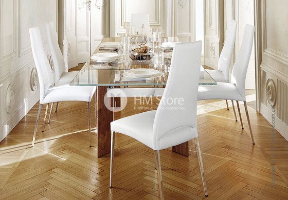Стол Calligaris Tower Wood, Glass and wood extending table, Frosted tempered glass smoked grey, Metal chromed and Veneer smoke