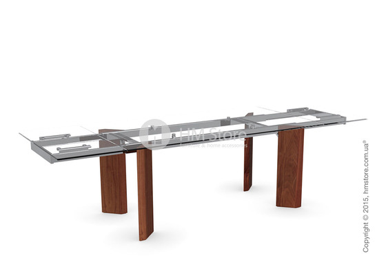 Стол Calligaris Tower Wood, Glass and wood extending table, Tempered glass transparent extraclear, Metal chromed and Veneer walnut
