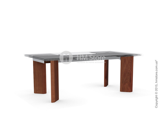 Стол Calligaris Tower Wood, Glass and wood extending table, Tempered glass transparent extraclear, Metal chromed and Veneer walnut
