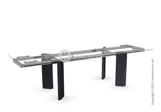 Стол Calligaris Tower Wood, Glass and wood extending table, Tempered glass transparent extraclear, Metal chromed and Veneer graphite