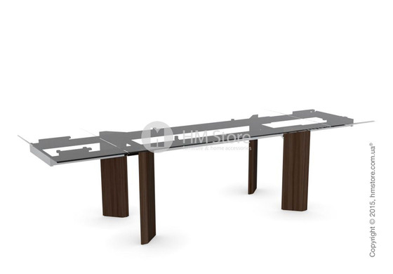 Стол Calligaris Tower Wood, Glass and wood extending table, Tempered glass transparent extraclear, Metal chromed and Veneer smoke