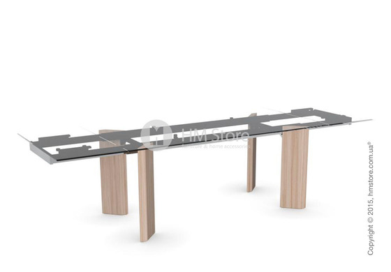 Стол Calligaris Tower Wood, Glass and wood extending table, Tempered glass transparent extraclear, Metal chromed and Veneer natural