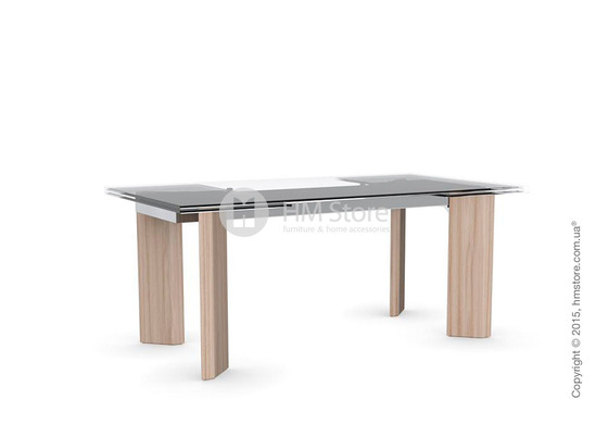 Стол Calligaris Tower Wood, Glass and wood extending table, Tempered glass transparent extraclear, Metal chromed and Veneer natural