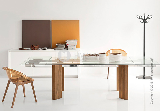 Стол Calligaris Tower Wood, Glass and wood extending table, Tempered glass transparent, Metal chromed and Veneer walnut