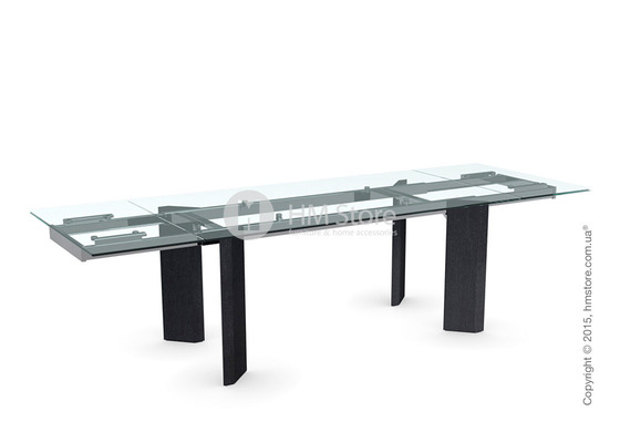 Стол Calligaris Tower Wood, Glass and wood extending table, Tempered glass transparent, Metal chromed and Veneer graphite
