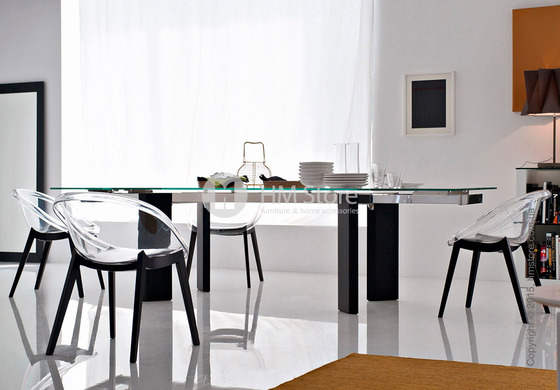 Стол Calligaris Tower Wood, Glass and wood extending table, Tempered glass transparent, Metal chromed and Veneer graphite
