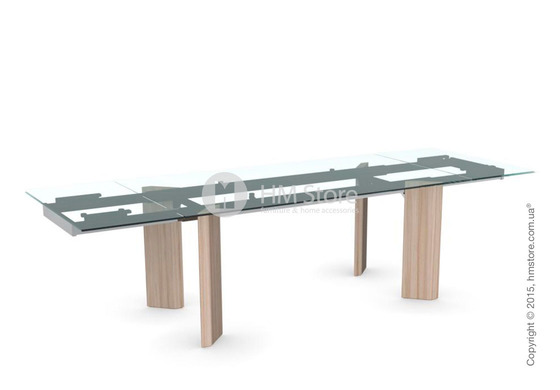Стол Calligaris Tower Wood, Glass and wood extending table, Tempered glass transparent, Metal chromed and Veneer natural
