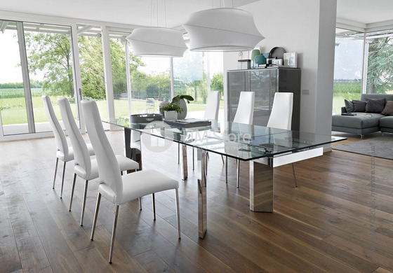 Стол Calligaris Tower, Glass and metal extending table, Tempered glass transparent extraclear and Metal chromed