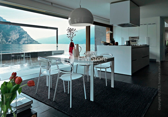 Стол Calligaris Key, Square extending table, Frosted acid etched tempered glass extrawhite and Metal chromed