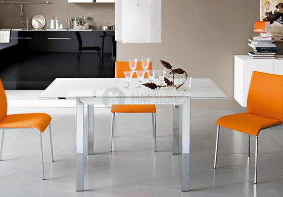 Стол Calligaris Key, Square extending table, Frosted acid etched tempered glass extrawhite and Metal matt optic white Стол Calligaris Key, Square extending table, Frosted acid etched tempered glass extrawhite and Metal matt optic white