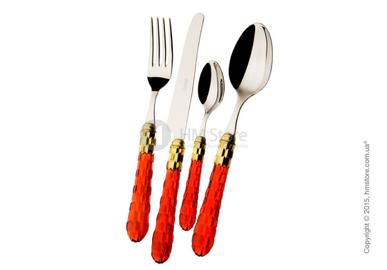 Набор столовых приборов Bugatti Cristallo коллекция Gold-plated Ring на 12 персон, 75 предметов, Transparent red