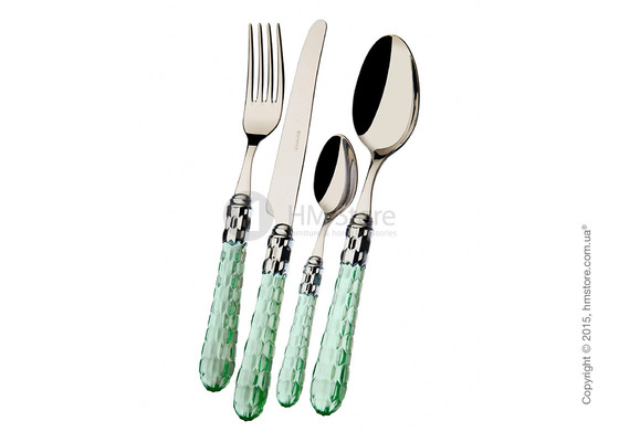 Набор столовых приборов Bugatti Cristallo коллекция Chromed Metal Ring на 12 персон, 75 предметов, Transparent green