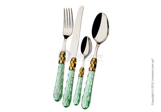 Набор столовых приборов Bugatti Cristallo коллекция Gold-plated Ring на 12 персон, 75 предметов, Transparent green