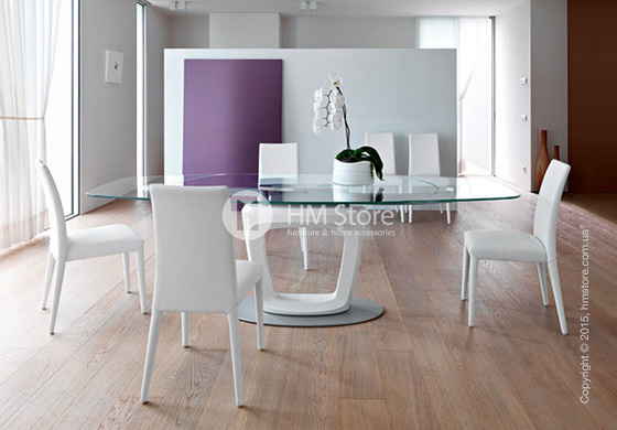 Стол Calligaris Orbital, Design extending table, Tempered glass transparent extraclear and Lacquered glossy optic white