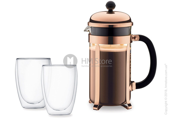 Набор кофейник френч-пресс Bodum Chambord 1 л со стаканами, Copper