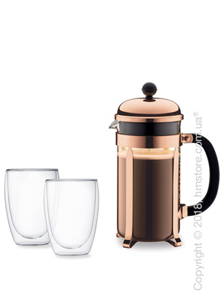 Набор кофейник френч-пресс Bodum Chambord 1 л со стаканами, Copper