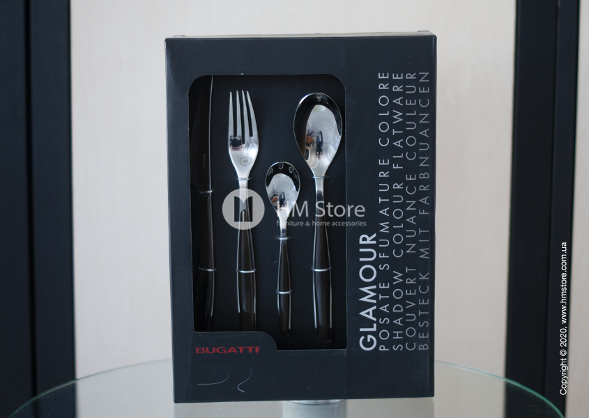 Распаковка набора столовых приборов Bugatti Glamour на 6 персон, 24 предмета, Black